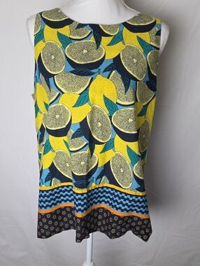 Ann Taylor Factory Multicolor Lemon Print Sleeveless Top Split Back Sz L